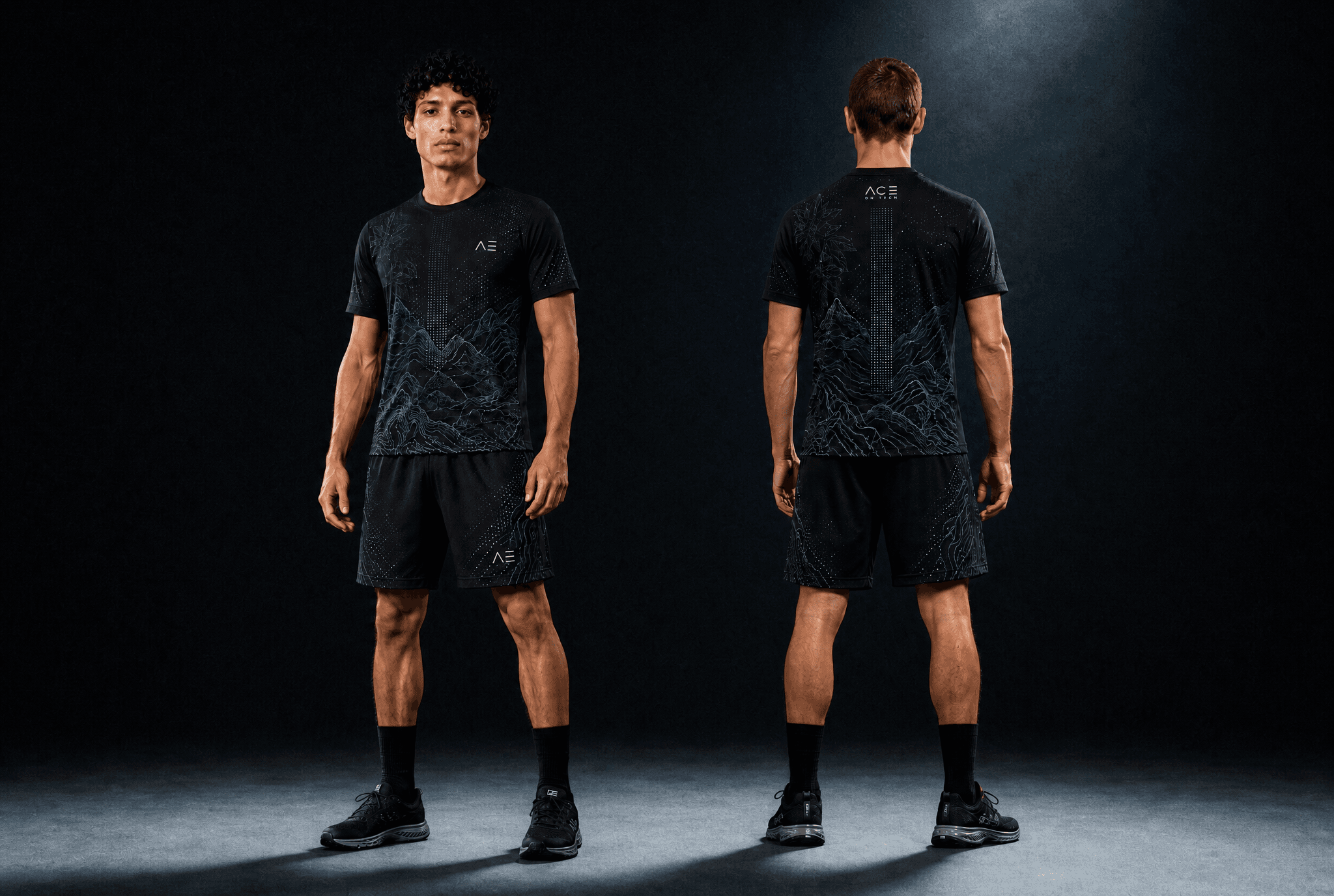 Ace on Tech black performance kit, worn, front and back, mountain-line print