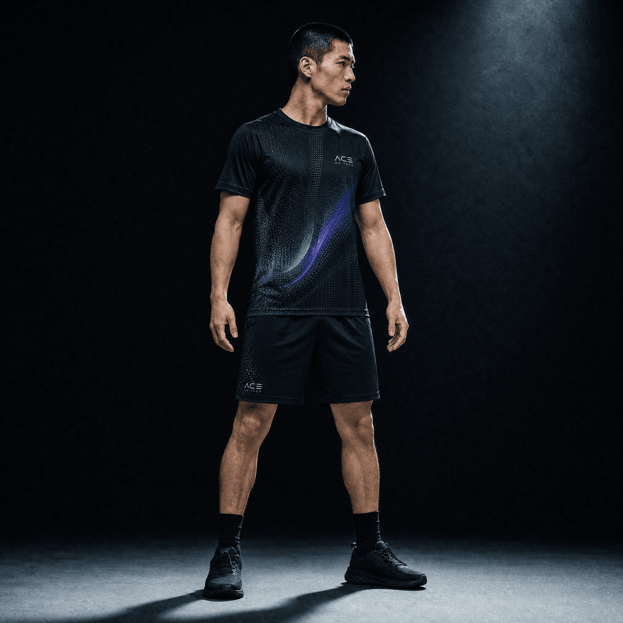Ace on Tech black performance kit, worn, aurora-inspired print