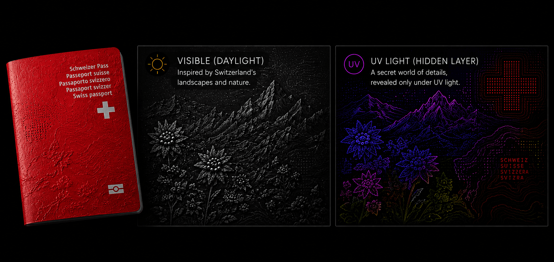 Swiss passport cover next to a comparison of its design in daylight and revealed under UV light