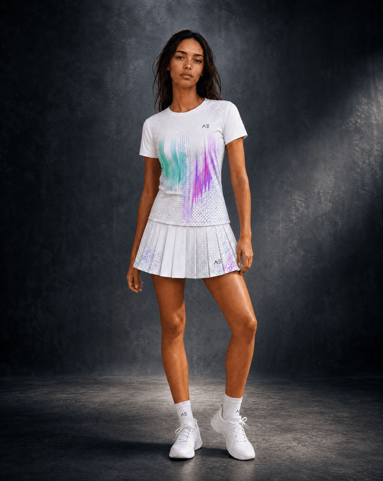 Ace on Tech women's white performance kit, worn, full body