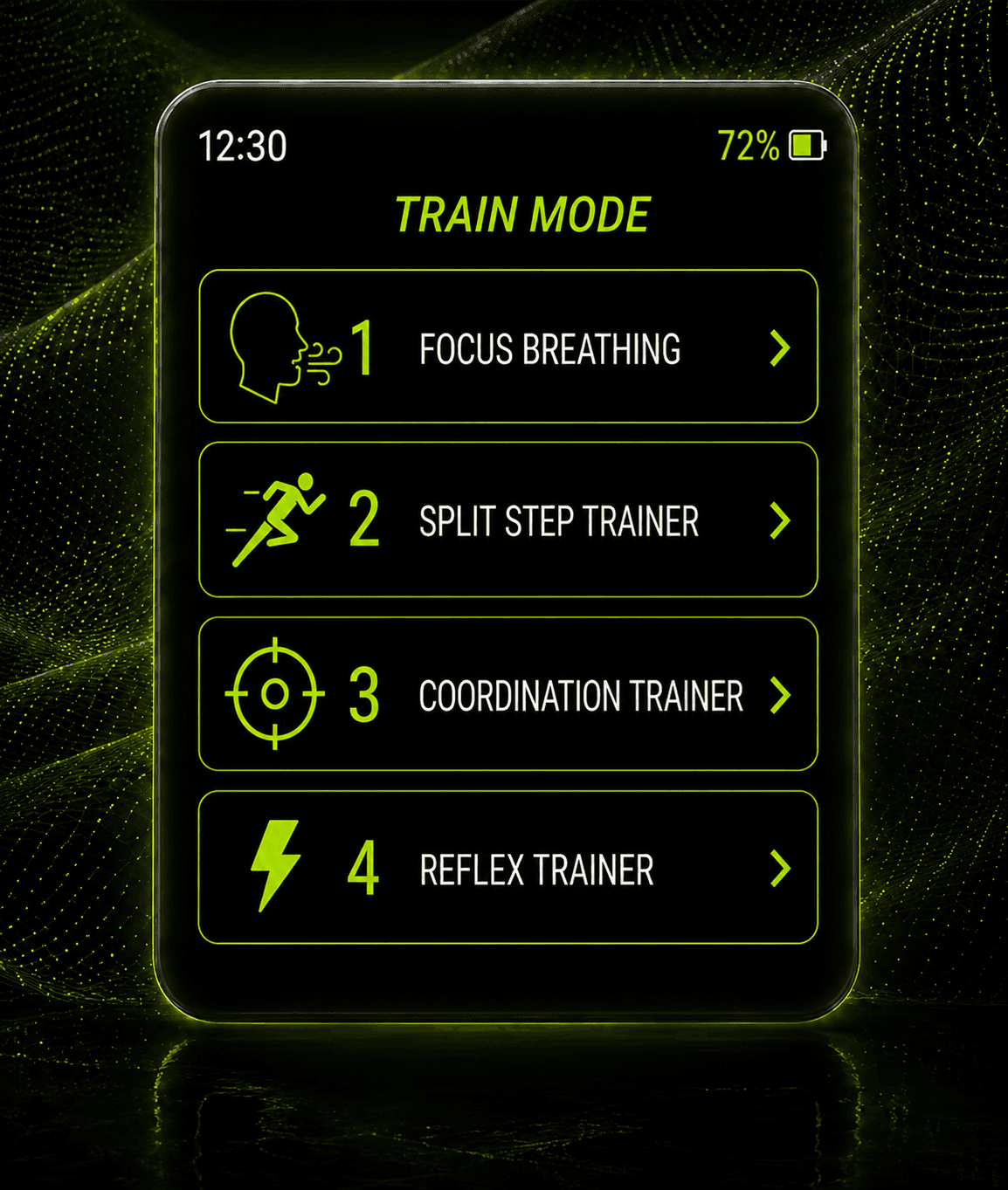 Pantalla Train Mode de AceBand con concentración, split step, coordinación y entrenamiento de reflejos