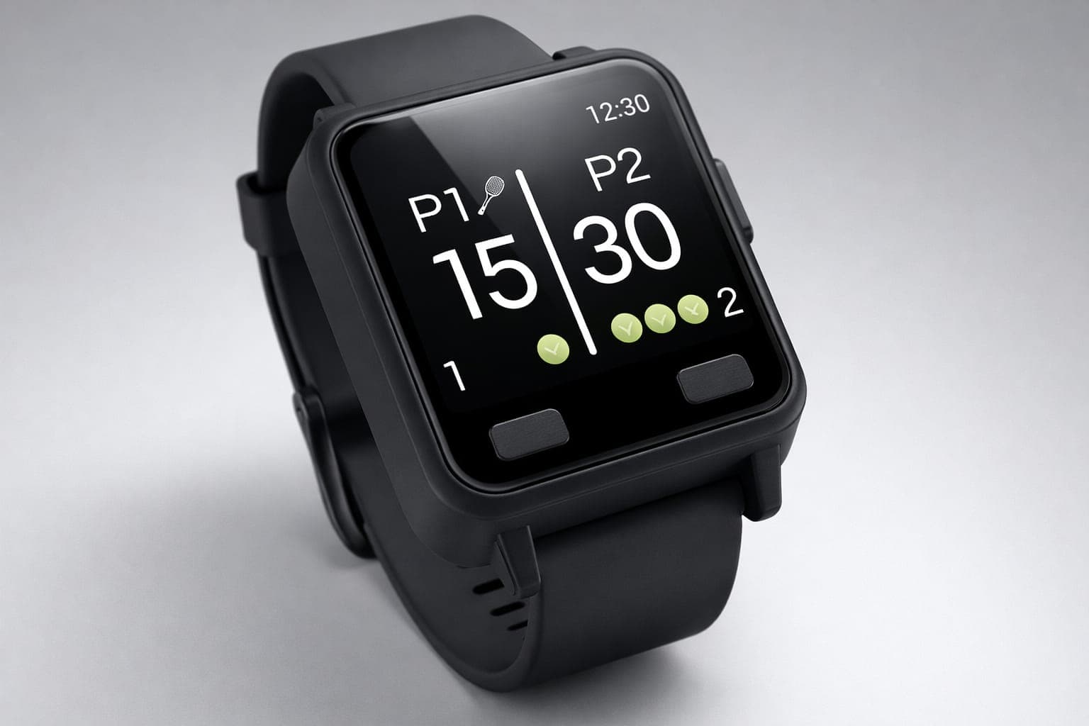 First AceBand render — front physical scoring buttons on the watch case