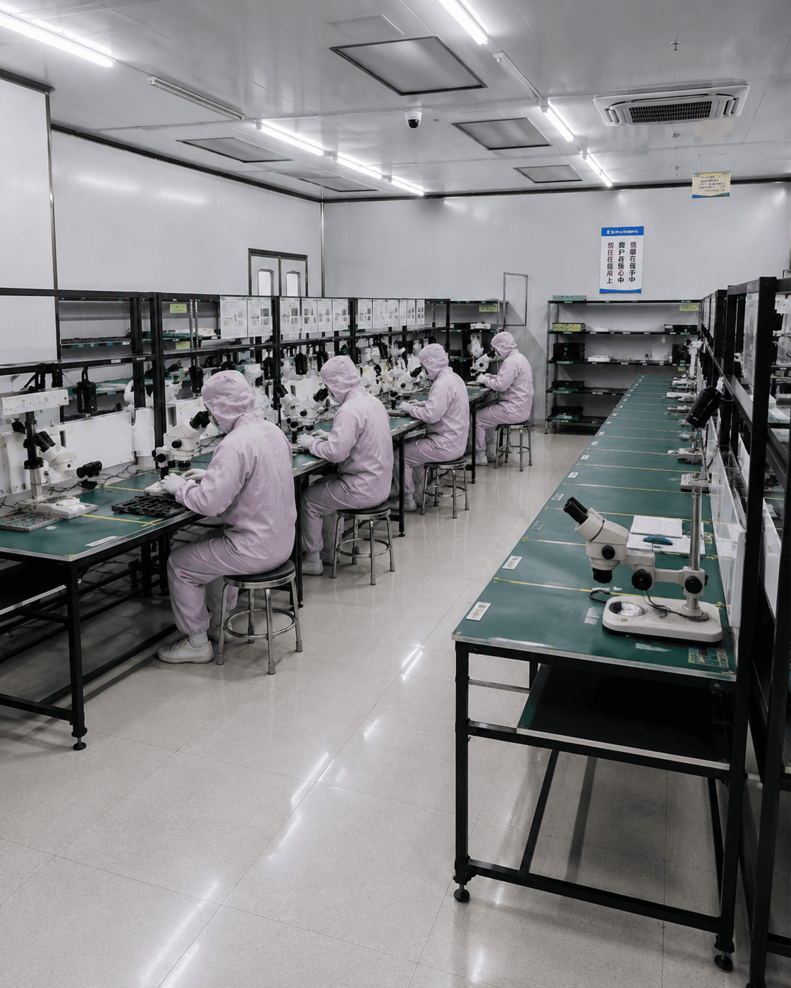 Technicians assembling components under microscopes in the clean room